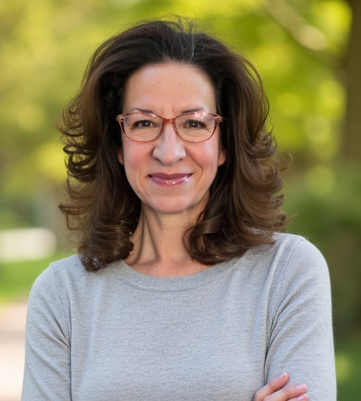 Suzanne Muller headshot in a beige sweat with nature in the background
