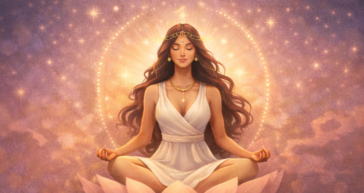 spiritual woman sitting with radiant coming from her. peaceful and harmonious