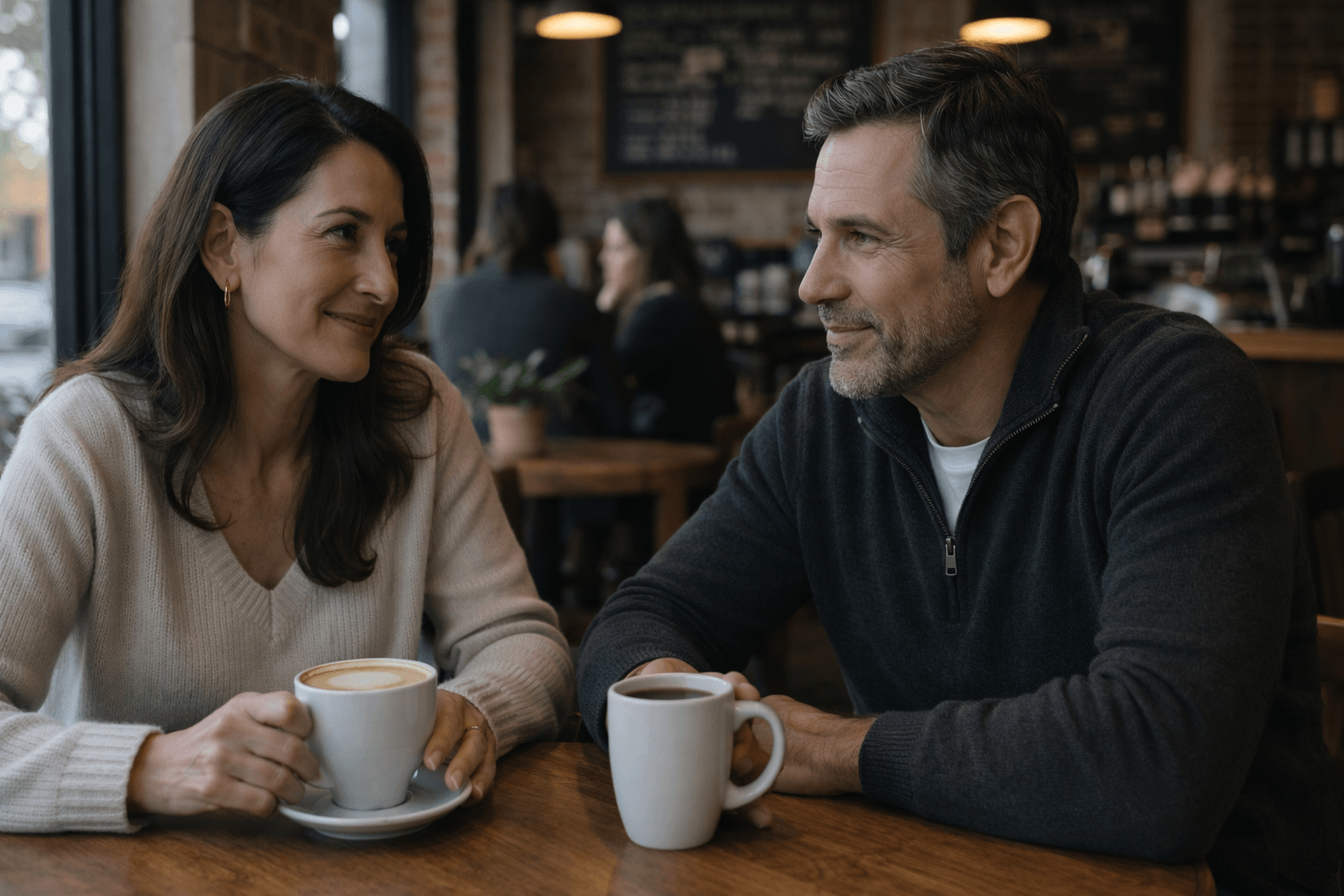couple siting in a coffee shop having conversation and a nice time