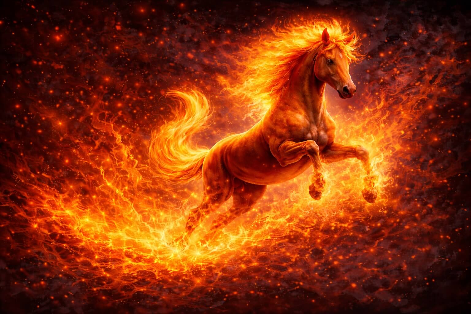 fire horse blazing with fire around it in red and orange