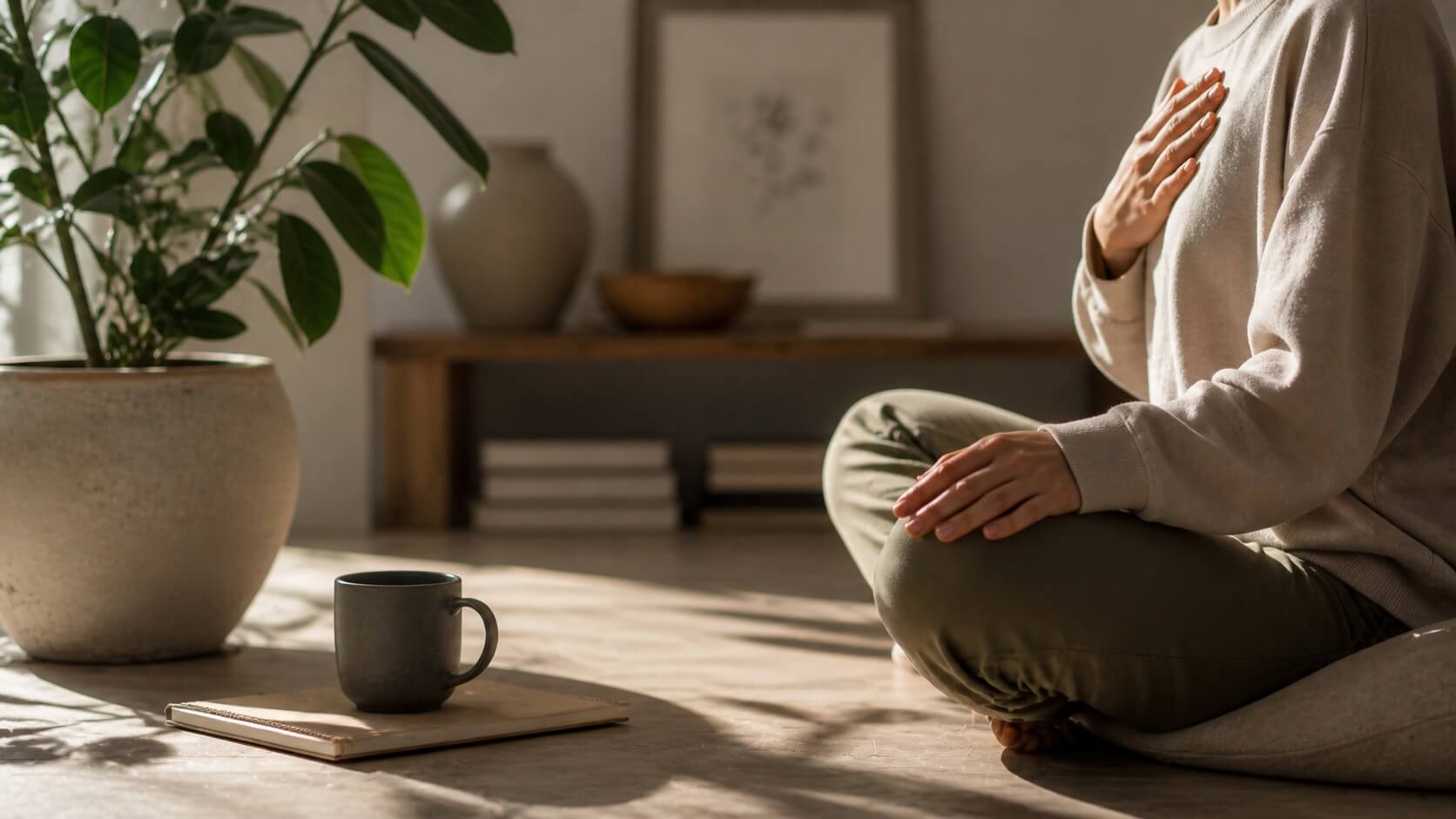 woman sitting on the floor with her hand on her heart with a cup of tea and a plant